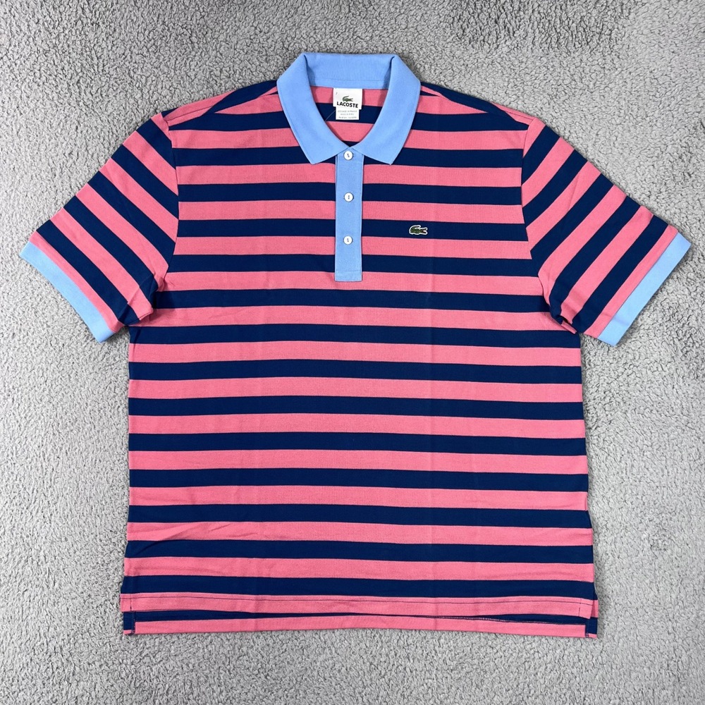 Lacoste Polo Shirt US Men 2XL (EU/XL) Pink Navy Blue Striped Short Sleeve Cotton